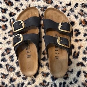 Birkenstock Black Two-Strap Sandals with Gold Buckles